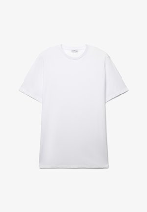 T-shirt bianca a girocollo, maniche corte, realizzata in cotone, con orlo dritto e marchio minimale sul collo.