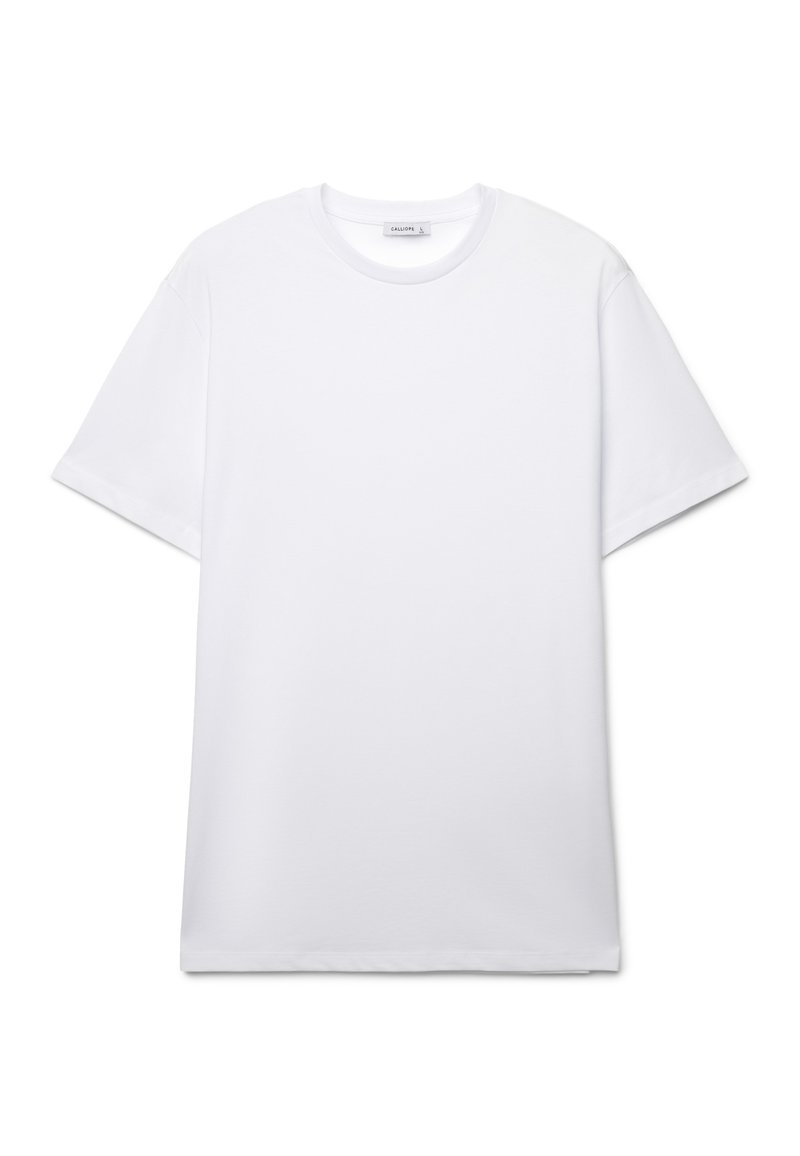 T-shirt bianca a girocollo, maniche corte, realizzata in cotone, con orlo dritto e marchio minimale sul collo.