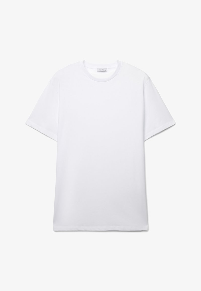 T-shirt bianca a girocollo, maniche corte, realizzata in cotone, con orlo dritto e marchio minimale sul collo.