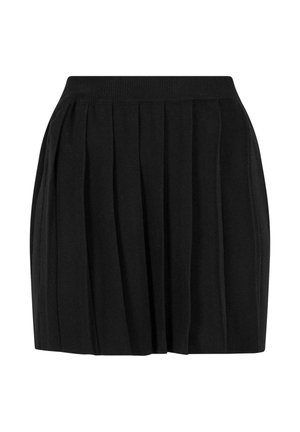 Zwarte geplooide rok gemaakt van zachte stof, met een elastische tailleband en een uitlopende silhoette. Gladde textuur met gelijkmatig verdeelde plooien.