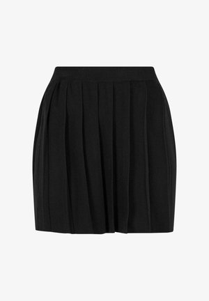 Sort plisseret nederdel lavet af blødt stof, med elastisk talje og en udvidet silhuet. Glat tekstur med jævnt fordelte folder.