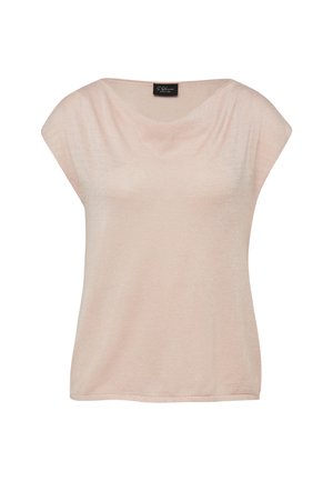 Hellrosa, kurzärmlige Bluse mit weitem Rundhalsausschnitt, die einen dezenten Schimmer aufweist und ein schwarzes S.Oliver Markenschild im Krageninneren trägt.