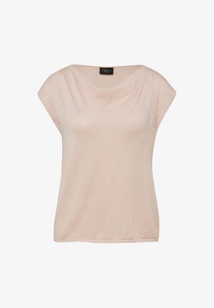 Hellrosa, kurzärmlige Bluse mit weitem Rundhalsausschnitt, die einen dezenten Schimmer aufweist und ein schwarzes S.Oliver Markenschild im Krageninneren trägt.