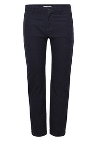 Granatowe bawełniane chinosy o prostym kroju, z kieszeniami z przodu, szlufkami na pasek i pojedynczym zapięciem na guziczek. Gładka tekstura z minimalnymi detalami.