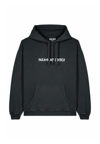 Crna dukserica s kapuljačom na vezanje, prednjim džepom i bijelim natpisom "PARDON MY FRENCH." Izrađena je od mekanog materijala, a ima i rebraste manžete.