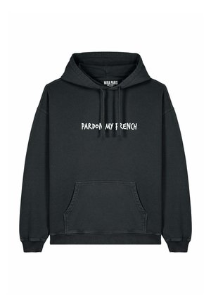 Black hoodie with a drawstring hood, front pocket, and white text reading "PARDON MY FRENCH." Made from soft fabric, featuring ribbed cuffs.