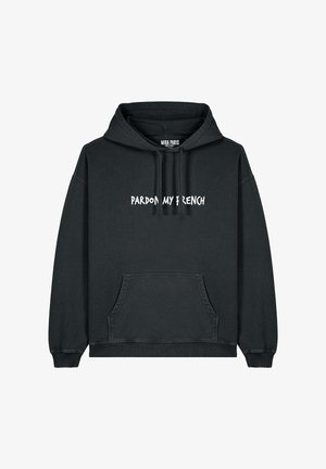 Juodas hoodie su reguliuojama kapuce, priekinė kišenė ir balta užrašą "PARDON MY FRENCH". Pagamintas iš minkštos medžiagos, su raibomis rankovėmis.