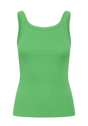 Zeleni rebrasti top bez rukava s širokim naramenicama i okruglim izrezom, pripijeni kroj, jednobojni dizajn.