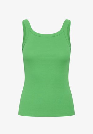 Zeleni rebrasti top bez rukava s širokim naramenicama i okruglim izrezom, pripijeni kroj, jednobojni dizajn.