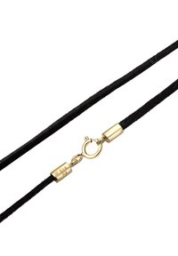Black suede cord with a smooth texture, featuring a gold-colored metal lobster clasp and cylindrical hardware accents.