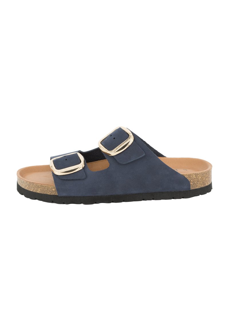 Sandalo in suede blu navy con due fibbie regolabili dorate, soletta in sughero e suola in gomma nera testurizzata. Design open-toe.