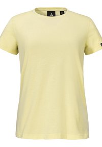 Helles gelbes T-Shirt mit kurzen Ärmeln, rundem Ausschnitt, weicher Textur und einem Etikett innen. Hat ein kleines schwarzes Logo auf dem Ärmel.