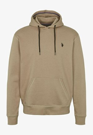Beige cotton hoodie with a kangaroo pocket, drawstring hood, and a small logo on the chest. Features contrasting inner collar stripes.