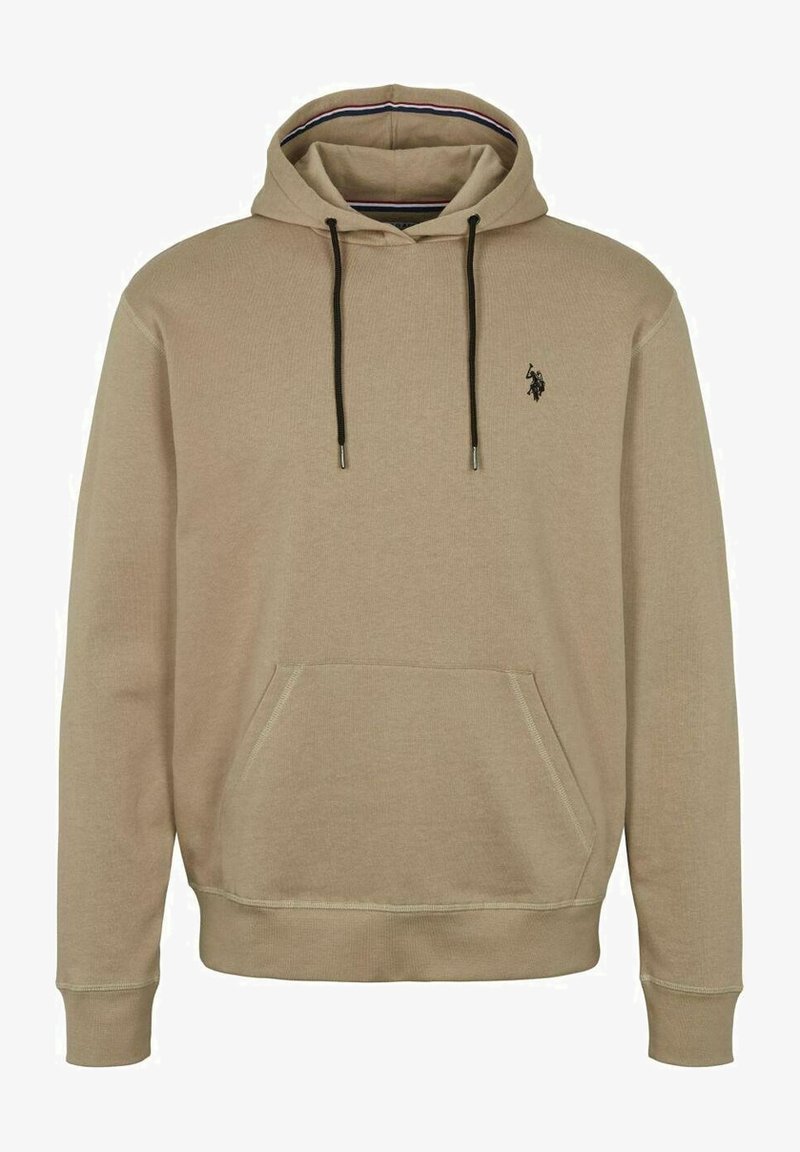 Beige bavlněná mikina s klokankou, kapucí se stahovací šňůrkou a malým logem na hrudi. Má kontrastní pruhy na vnitřním límci.