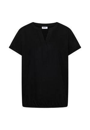 Black short-sleeve blouse with a notch neckline and elastic hem, labeled "CECIL," displayed against a white background.