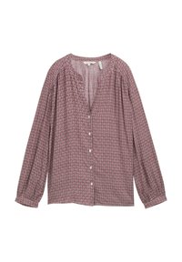 Chemise à manches longues en bordeaux avec un motif en diamant blanc, présentant un décolleté en V, une fermeture à boutons sur le devant et des manches rassemblées pour plus de volume.