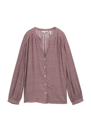 Langarmshirt in kastanjebruin met een wit ruitenpatroon, voorzien van een V-hals, een knoopsluiting aan de voorkant en gathered mouwen voor extra volume.