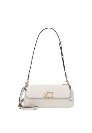 Witte leren schoudertas met gouden "C"-sluiting, verstelbare zwart-witte band en afneembare crossbodyriem.