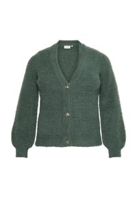 Grøn fluffy cardigan med V-hals, lange ærmer og metalknapper fortil, der har en blød tekstur og en afslappet pasform.