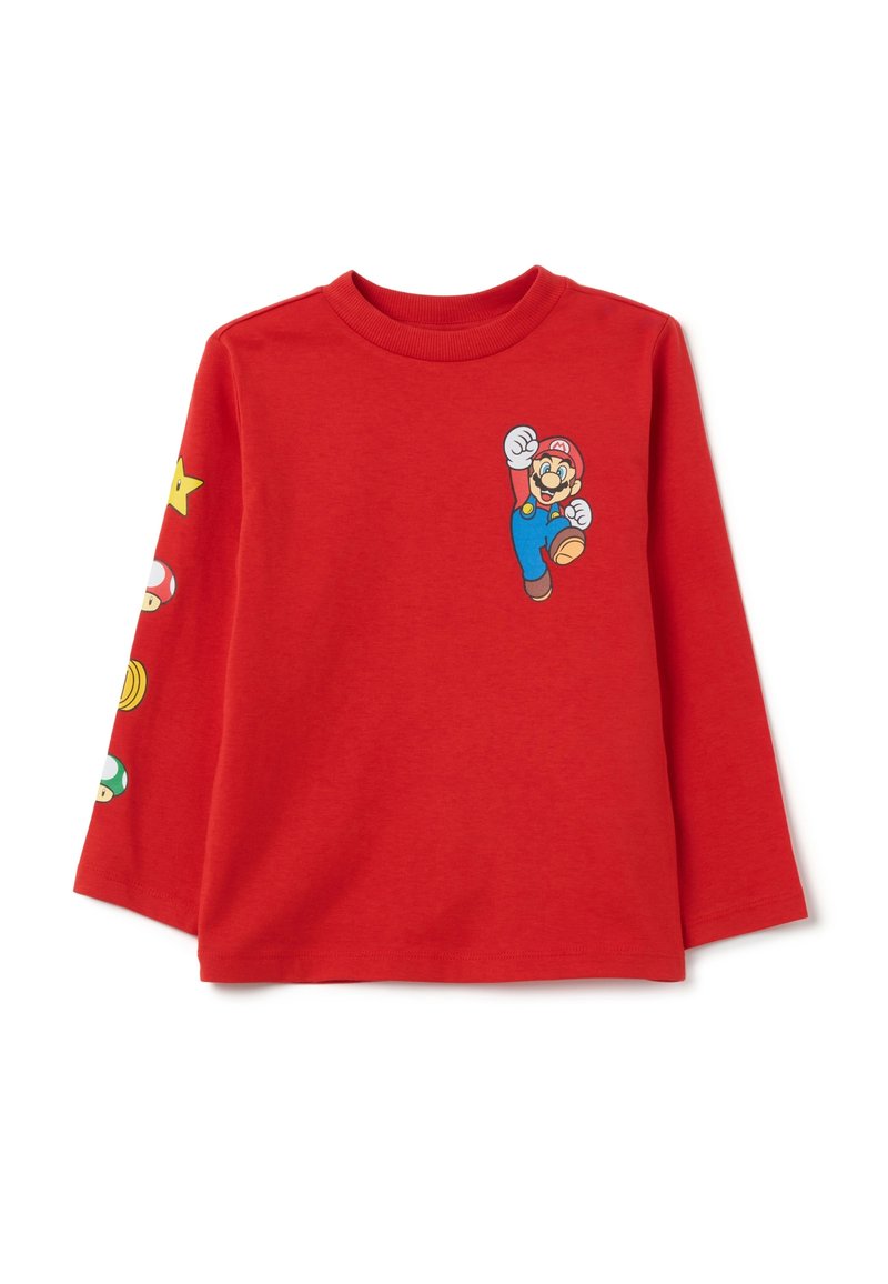 Roter Langarm-Sweatshirt aus Baumwolle. Auf der Vorderseite ist eine Cartoonfigur abgebildet, und die Ärmel sind mit Grafiken von Sternen und Pilzen verziert.