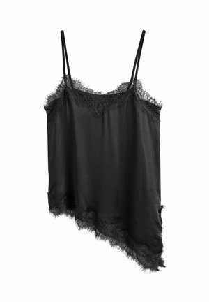 Black satin camisole with thin straps, lace trim along neckline and asymmetrical hem, displayed against white background.
