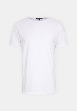 T-shirt en coton blanc avec un col rond, des manches courtes et une coupe droite. Présente une texture simple et lisse, sans motifs supplémentaires.