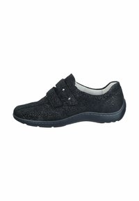 Black shoe with floral pattern, textured upper, dual Velcro straps, cushioned sole, and rounded toe design. Suitable for casual wear.
