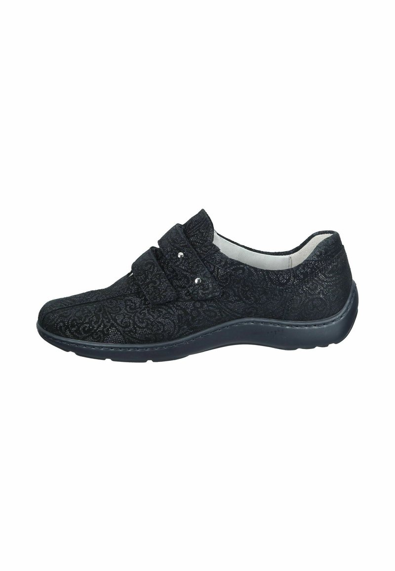 Black shoe with floral pattern, textured upper, dual Velcro straps, cushioned sole, and rounded toe design. Suitable for casual wear.
