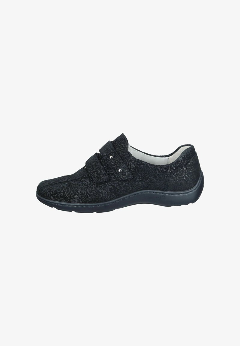 Black shoe with floral pattern, textured upper, dual Velcro straps, cushioned sole, and rounded toe design. Suitable for casual wear.