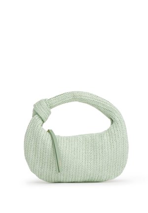 Borsa intrecciata verde chiaro con manico annodato e dettaglio della cerniera su sfondo bianco.