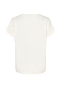 Ein schlichtes weißes T-Shirt mit kurzen Ärmeln, von hinten gezeigt, mit einem runden Halsausschnitt und einfachen, gesäumten Kanten.