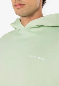 Lysegrønn hettegenser laget av myk stoff, med kengurulomme og et frontgrafikklogo i hvitt som leser "PEGADOR."