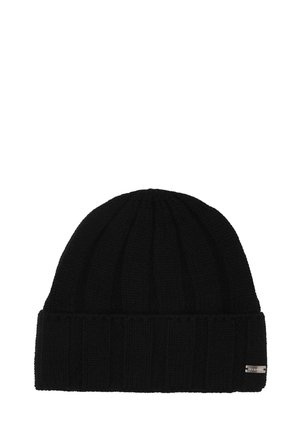 Black knitted beanie hat with a folded brim and a small metal brand tag on the lower edge.