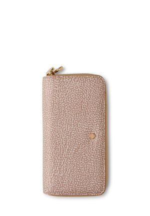 Portafoglio rosa con texture e un motivo sottile, cerniera dorata e dettagli in oro. Forma rettangolare compatta con una finitura liscia.