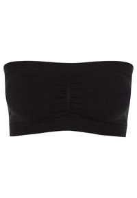 Soutien-gorge bandeau noir sans bretelles en tissu doux, avec un fronce au centre et des bords sans coutures pour une finition lisse.