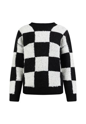 Sort og hvid fuzzy sweater med ternet mønster, rund halsudskæring og ribbede ærmer, lavet af blødt tekstureret materiale.