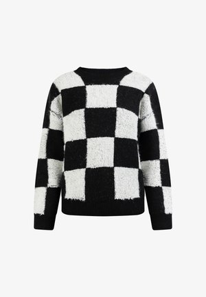 Sort og hvid fuzzy sweater med ternet mønster, rund halsudskæring og ribbede ærmer, lavet af blødt tekstureret materiale.