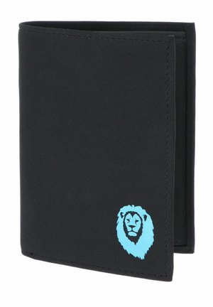 Portefeuille noir pliable avec un logo tête de lion bleu clair dans le coin inférieur droit de la couverture avant.