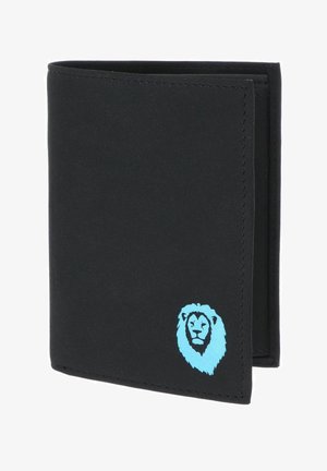 Portefeuille noir pliable avec un logo tête de lion bleu clair dans le coin inférieur droit de la couverture avant.