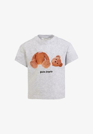 Szara bawełniana koszulka z grafiką torsu i głowy misia pluszowego, z napisem "Palm Angels" w kolorze czarnym.
