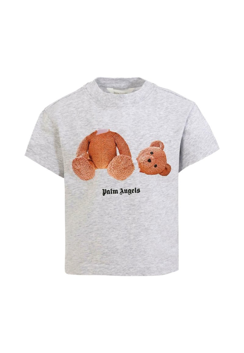 T-shirt in cotone grigio con una grafica raffigurante il torso e la testa di un orsetto, con il testo "Palm Angels" in nero.
