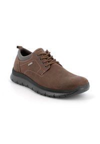Scarpa in pelle marrone con finitura liscia, punta tonda, suola in gomma nera, lacci marroni e dettagli di cucitura. Progettata per un uso casual.