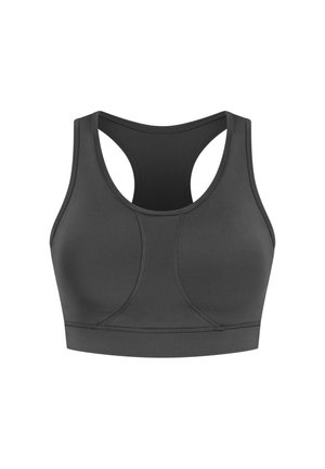 Sujetador deportivo negro con un diseño de espalda de nadador. Fabricado en tejido elástico, presenta superficies suaves y costuras mínimas para mayor comodidad y flexibilidad.