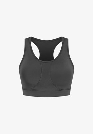 Sujetador deportivo negro con un diseño de espalda de nadador. Fabricado en tejido elástico, presenta superficies suaves y costuras mínimas para mayor comodidad y flexibilidad.