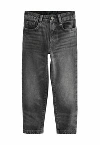 Svarta denimjeans med klassisk rak benmodell, fem fickor, metallknäppning och subtilt blekt mönster.