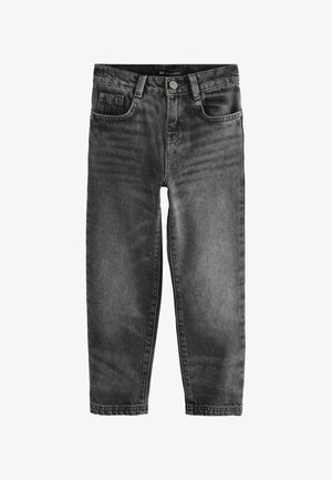 Jeans de mezclilla negra con un corte clásico de pierna recta, cinco bolsillos, cierre de botón metálico y una sutil textura descolorida.