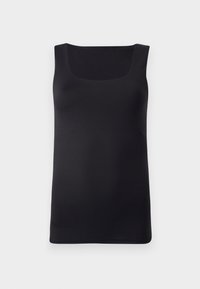 Schwarzes ärmelloses Tanktop mit quadratischem Ausschnitt, aus glattem Stoff gefertigt, mit taillierter Passform und sauberen Kanten, ohne sichtbare Muster oder Akzente.