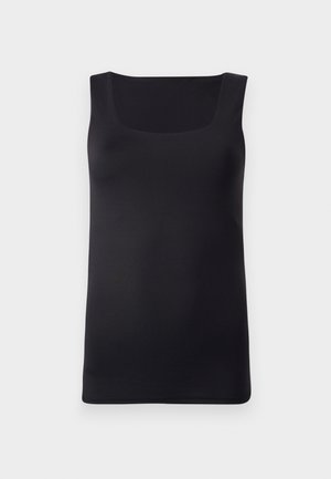 Fekete ujjatlan top négyzet alakú dekoltázzsal, sima anyagból készült, testhezálló fazonnal és tiszta élekkel, látható minták vagy díszítések nélkül.