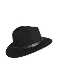 Chapeau fedora en feutre noir avec un large bord et une fine bande en cuir noir ornée d'un petit détail métallique.