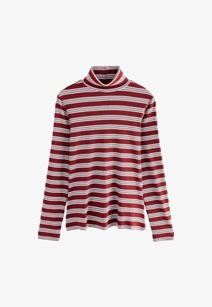 Dlhý rukáv s rolákom v burgundskej farbe s bielymi horizontálnymi pruhmi, s rebrovanou textúrou a uvoľneným strihom na spodnom okraji.